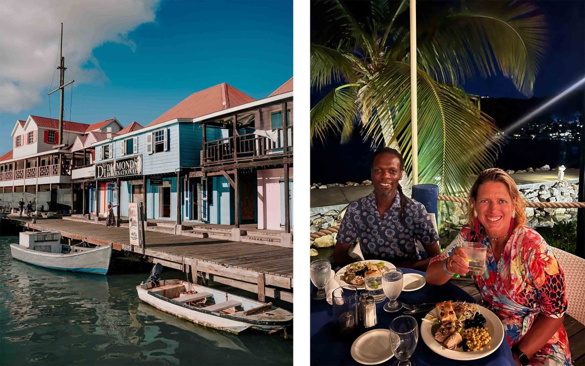 Left: Colourful shopfront alongside the bay in Antigua. Right: The writer and her husband at dinner.