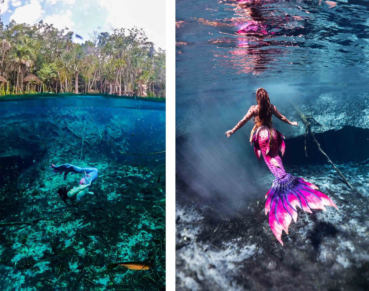 A woman in a mermaid outfit swimming and posing under the water.