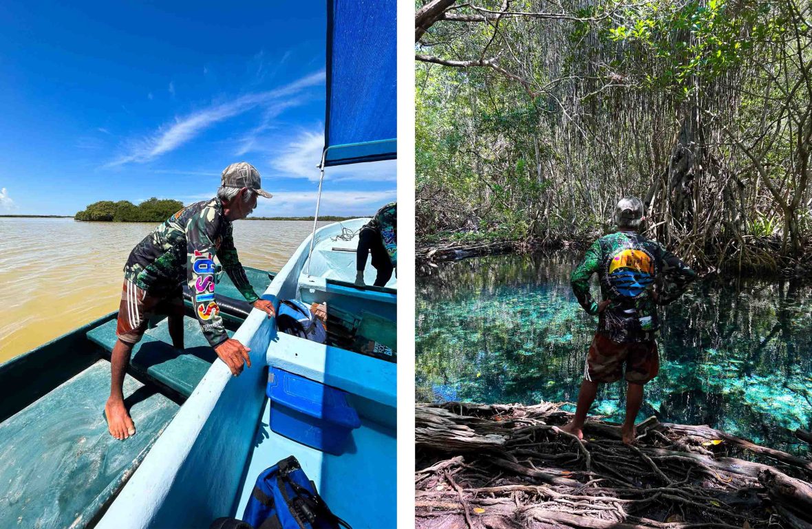 Left: Jose Hernandez lowering the canoe into the water. Right: Jose Hernandez stares at the Ojo de Agua.