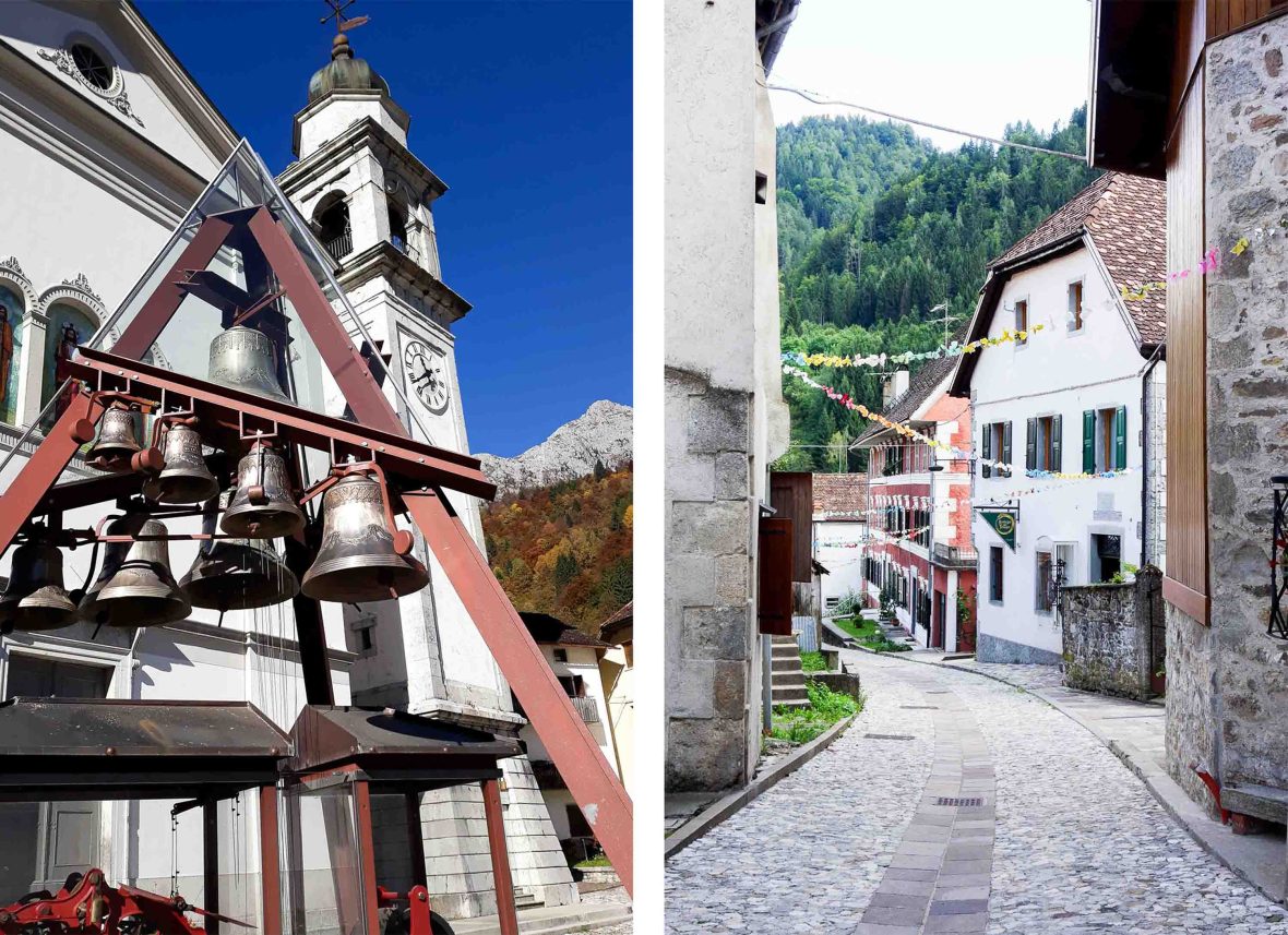 Left:A carillon in front of a church with a clock tower in the town of Pesariis.