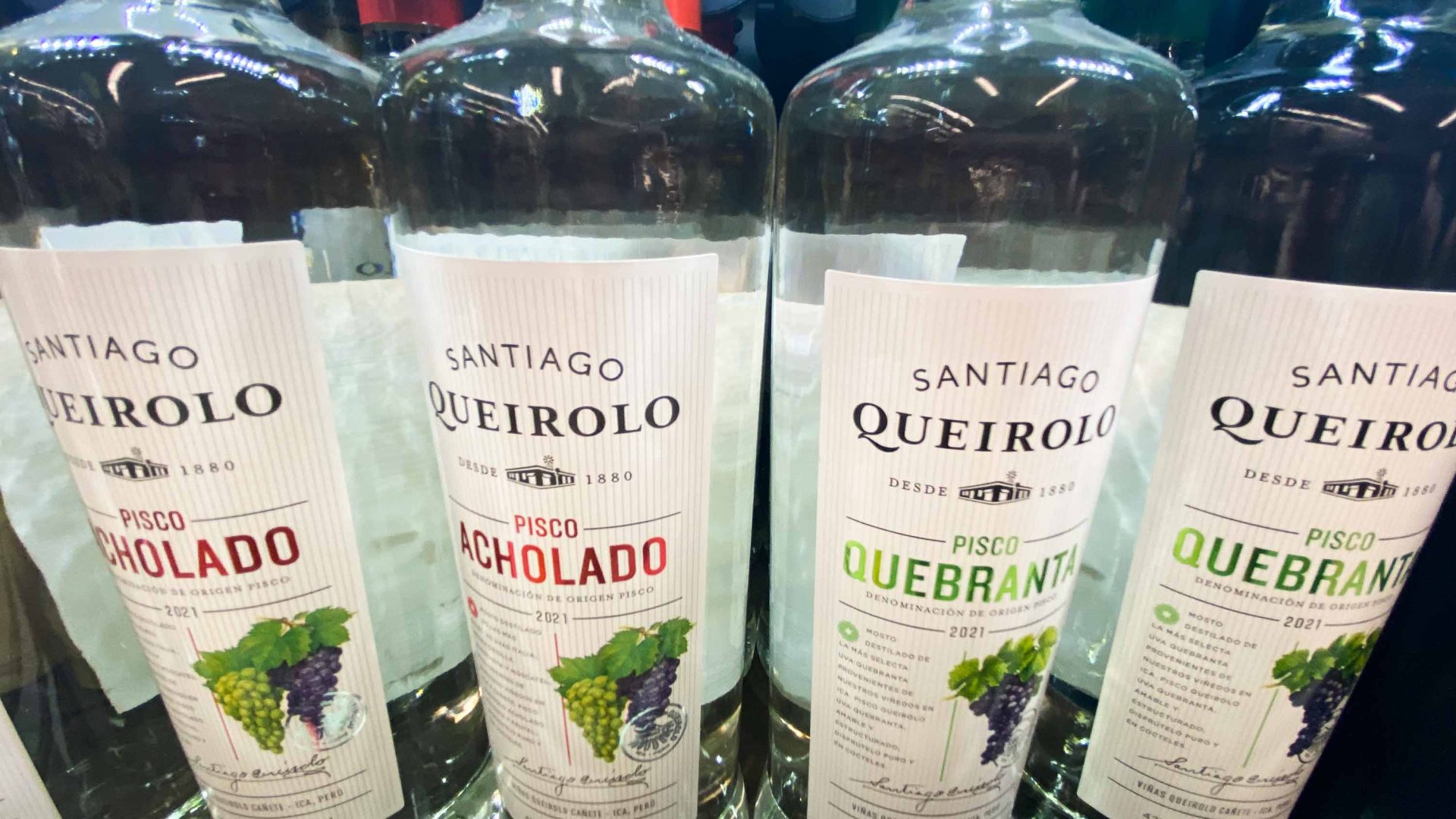 Pisco products in the supermarket.