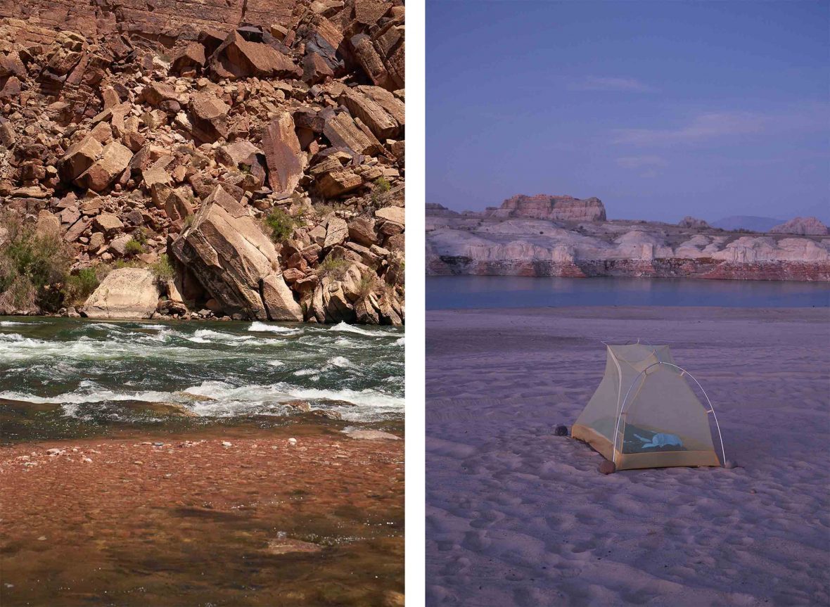 Left: White water peaks on the river; Right: A tent near a body of water in low light.