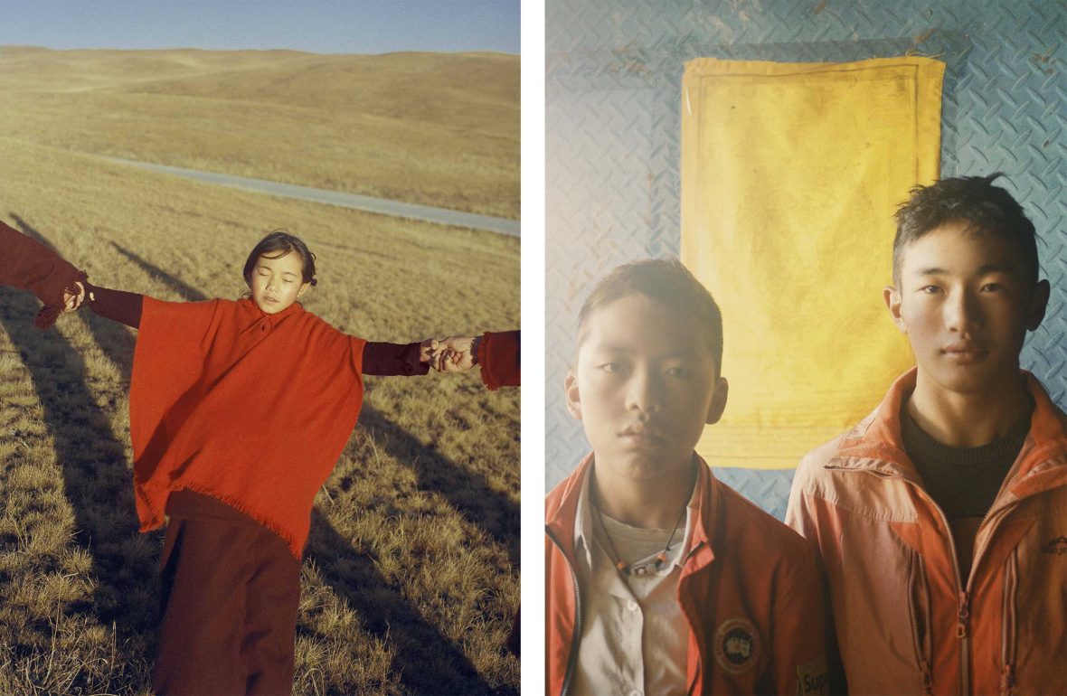 Left: A child in red is held by the arms as she leans back with her eyes closed. Right: Two young men look seriously straight to the camera.